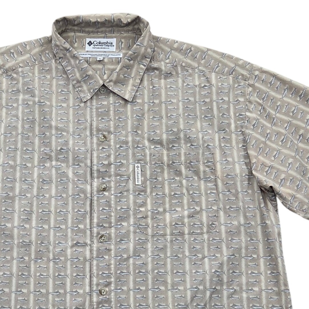 Vtg Columbia Marlin Fish Aop Short Sleeve Button Front Shirt Am7573 Tan Mens Xl